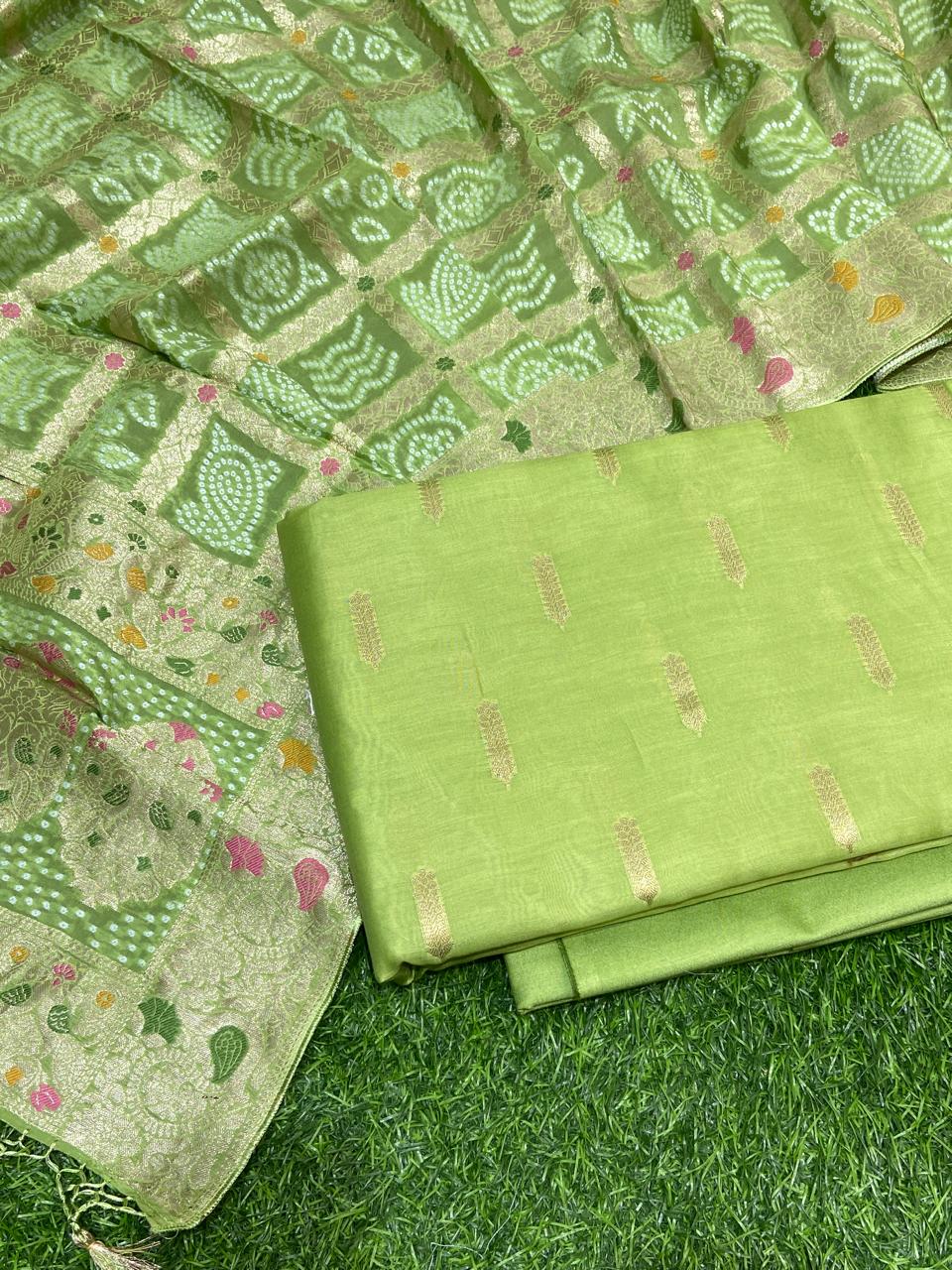 Pure Banarasi Chanderi silk Unstitched Suit with Organza silk Bandhani Work Dupatta