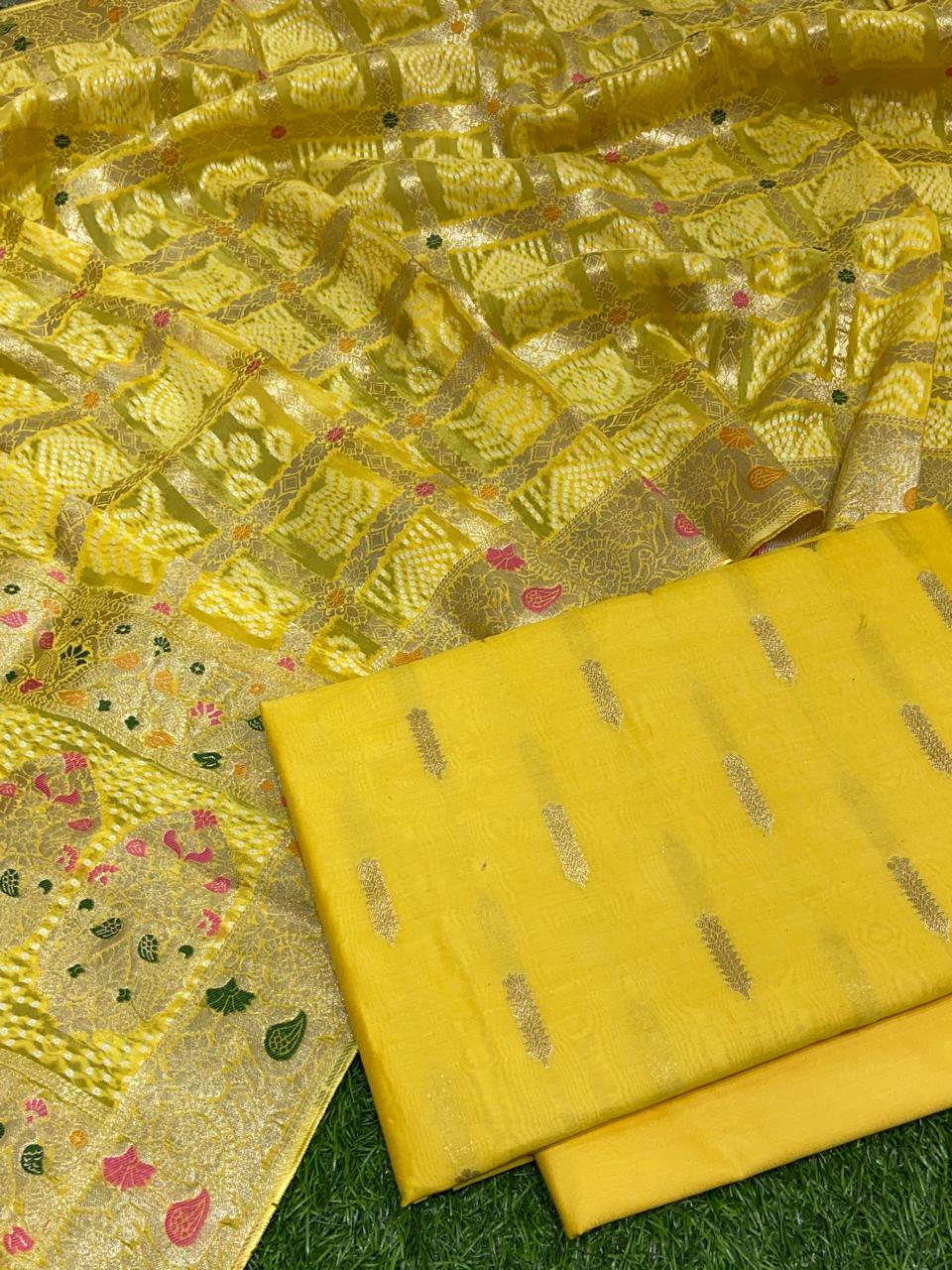 Pure Banarasi Chanderi silk Unstitched Suit with Organza silk Bandhani Work Dupatta