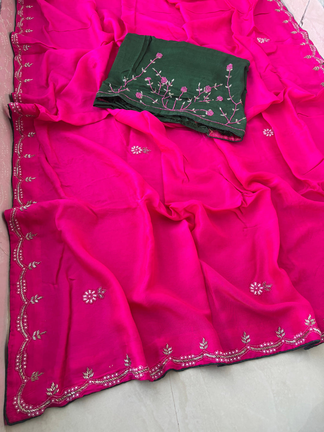Exclusive Upadda Silk Saree with Hand MIrror Kadhana Work and Contrast Blouse