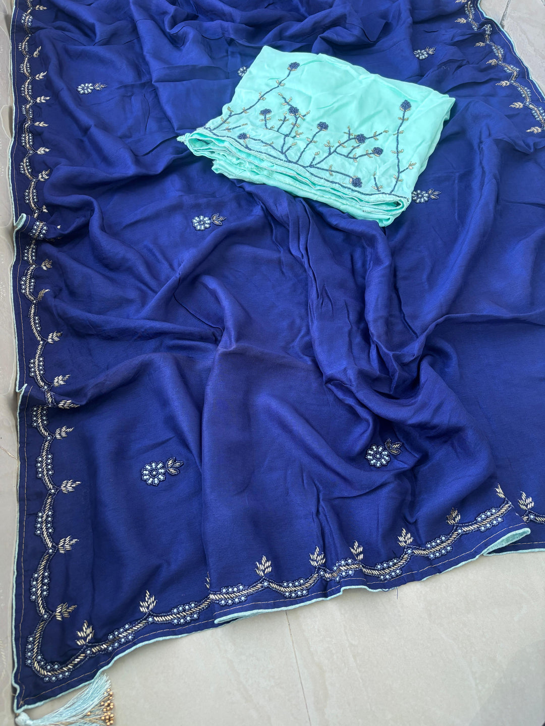Exclusive Upadda Silk Saree with Hand MIrror Kadhana Work and Contrast Blouse
