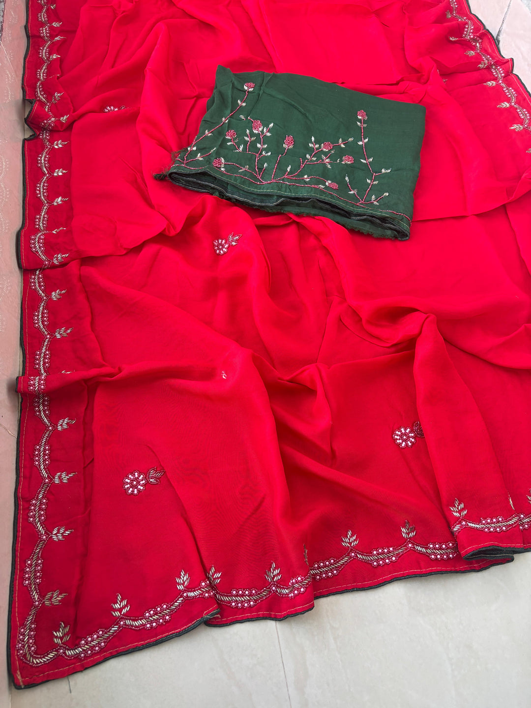Exclusive Upadda Silk Saree with Hand MIrror Kadhana Work and Contrast Blouse