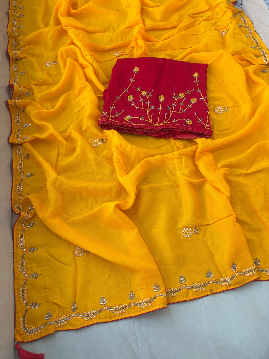 Exclusive Upadda Silk Saree with Hand MIrror Kadhana Work and Contrast Blouse