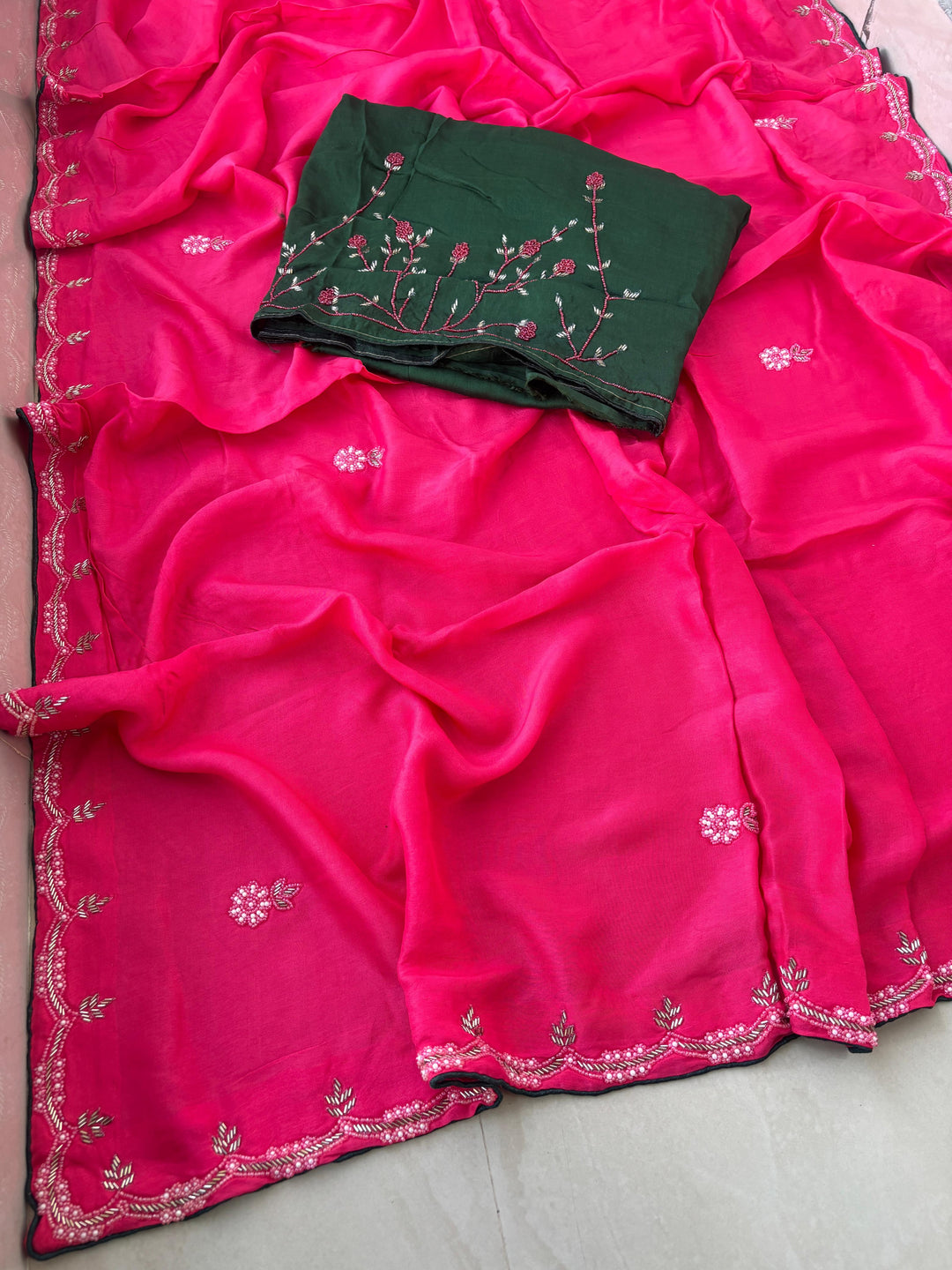 Exclusive Upadda Silk Saree with Hand MIrror Kadhana Work and Contrast Blouse