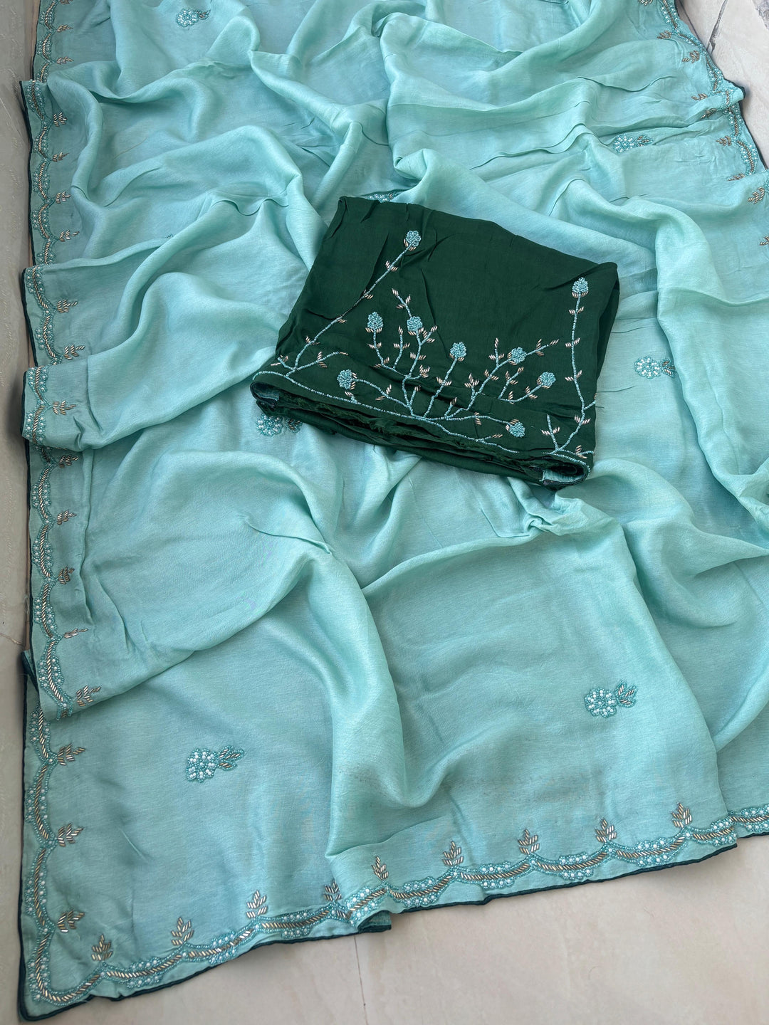 Exclusive Upadda Silk Saree with Hand MIrror Kadhana Work and Contrast Blouse