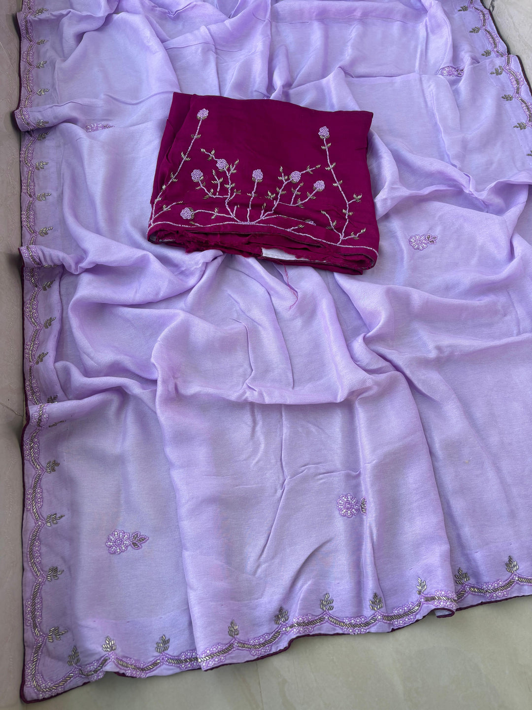 Exclusive Upadda Silk Saree with Hand MIrror Kadhana Work and Contrast Blouse