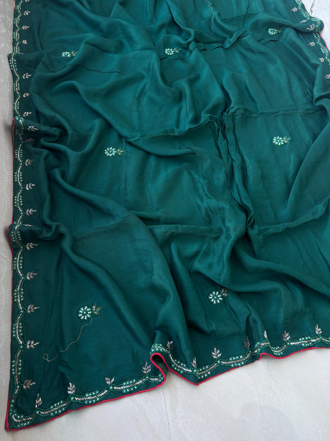 Exclusive Upadda Silk Saree with Hand MIrror Kadhana Work and Contrast Blouse