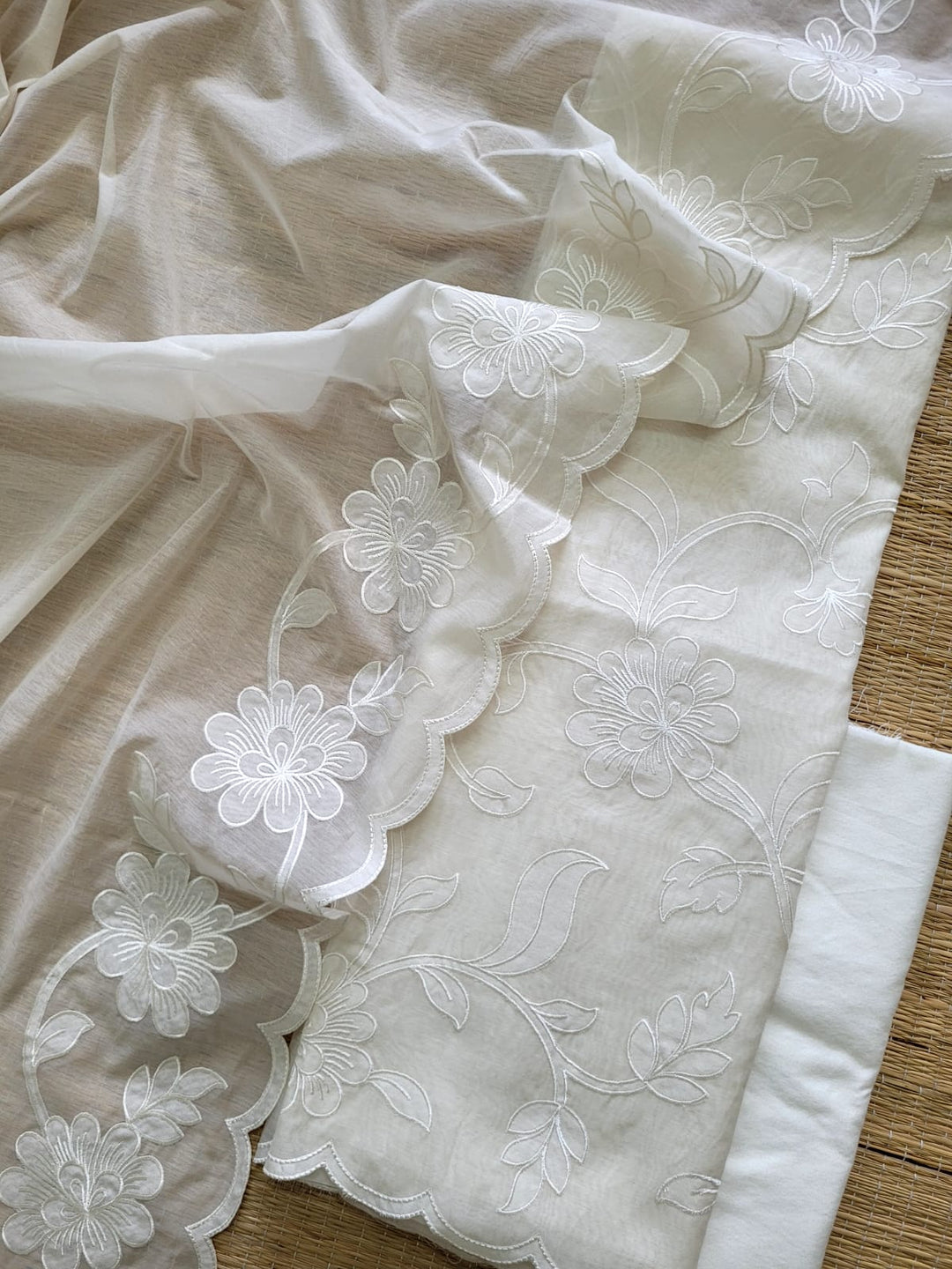 Pure Banarasi Mul Cotton Unstitched Suit With Applique Cut Work