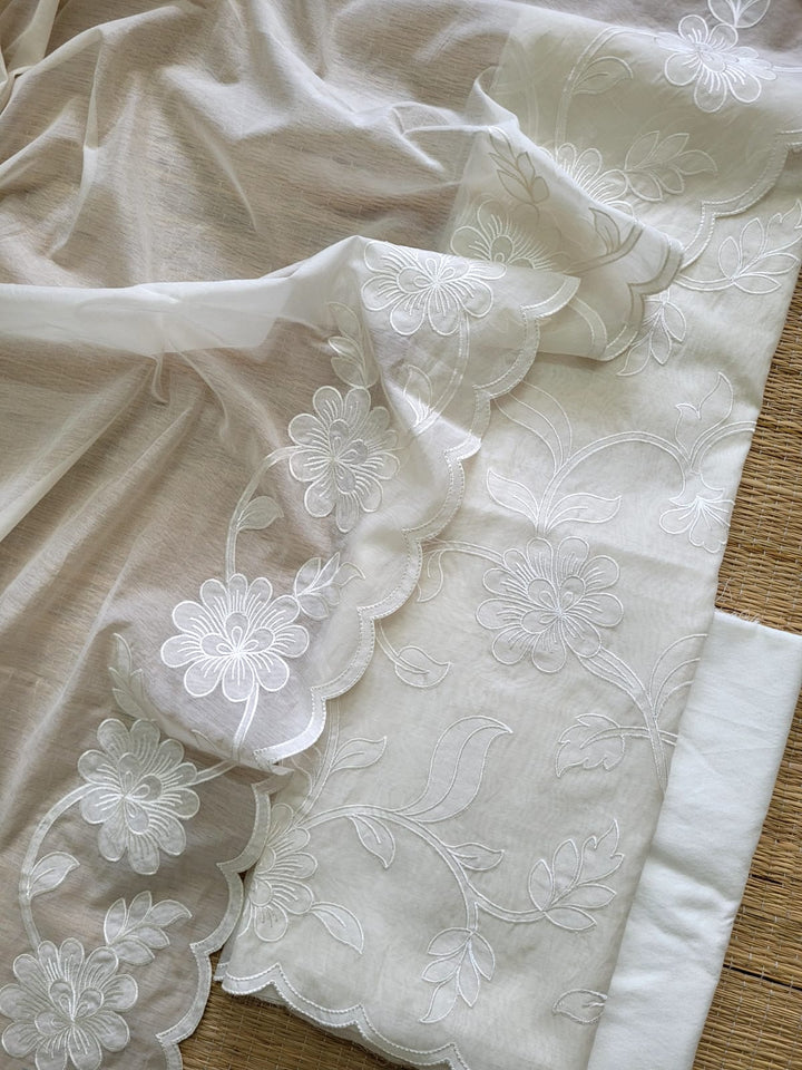 Pure Banarasi Mul Cotton Unstitched Suit With Applique Cut Work