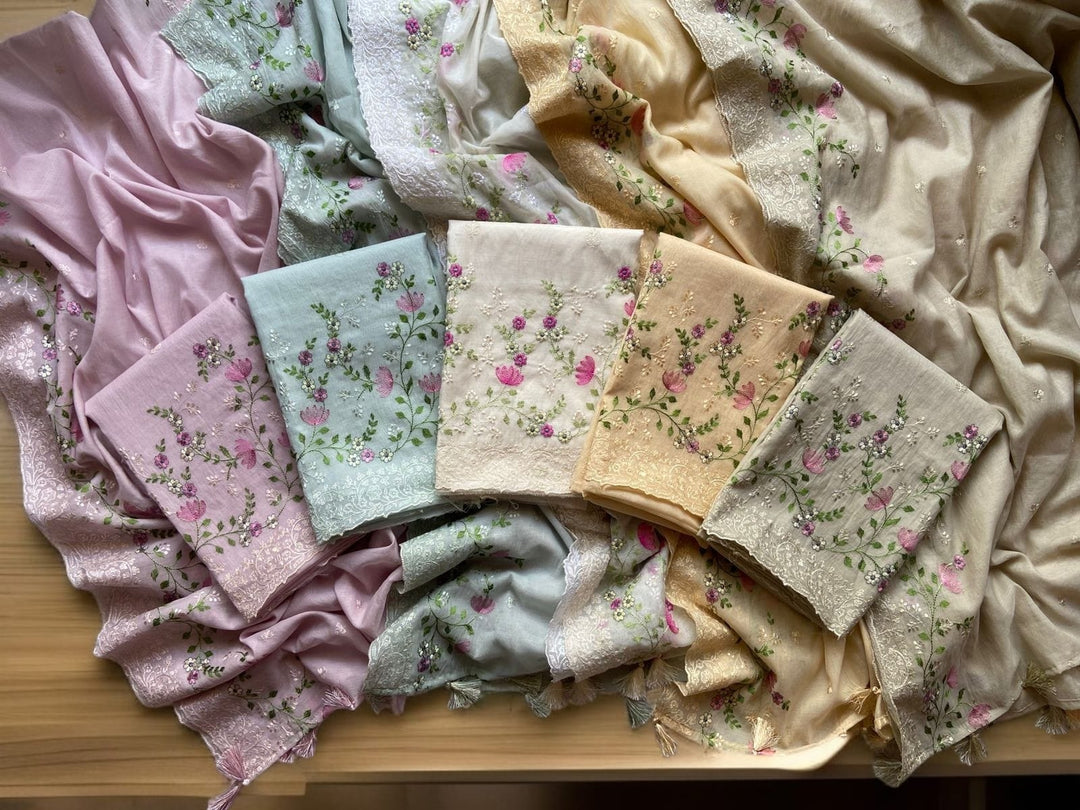 Pure Banarasi Mul Cotton Silk Unstitched Suit with Beautiful Embroidery Work