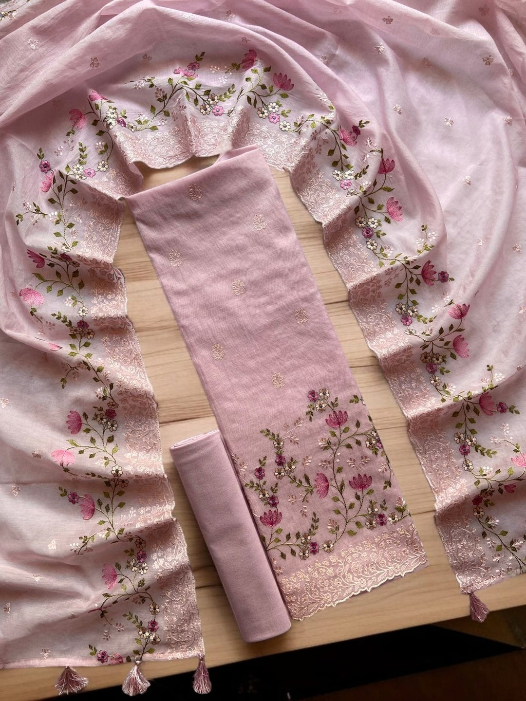 Pure Banarasi Mul Cotton Silk Unstitched Suit with Beautiful Embroidery Work