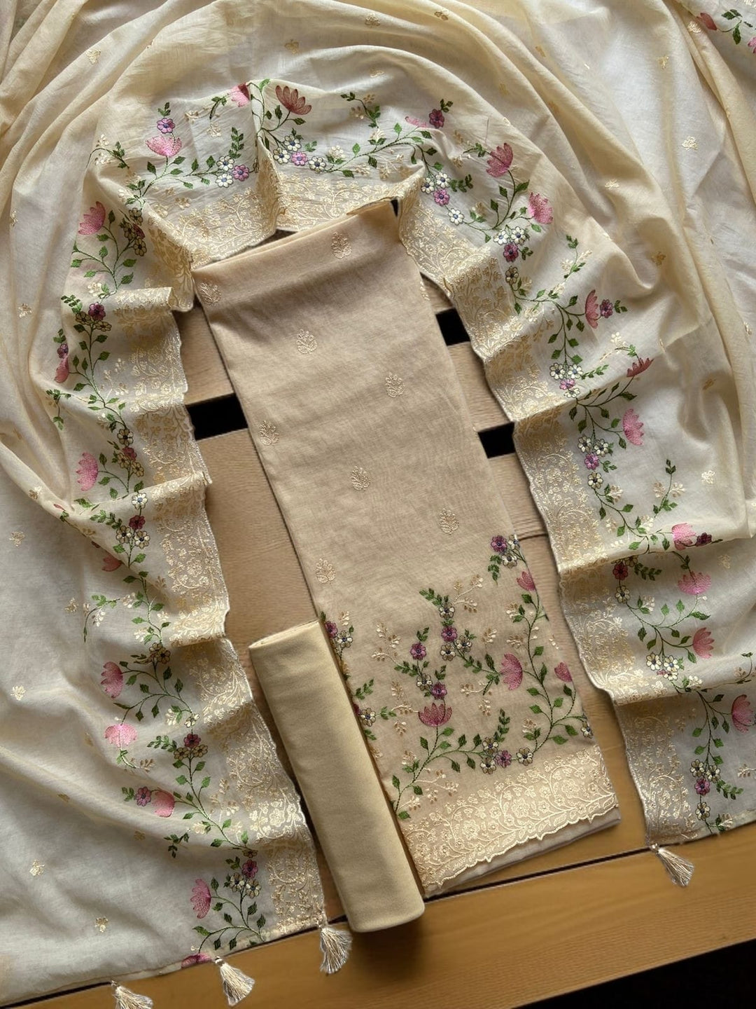 Pure Banarasi Mul Cotton Silk Unstitched Suit with Beautiful Embroidery Work