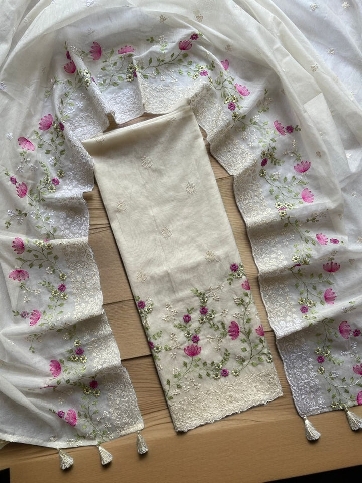 Pure Banarasi Mul Cotton Silk Unstitched Suit with Beautiful Embroidery Work