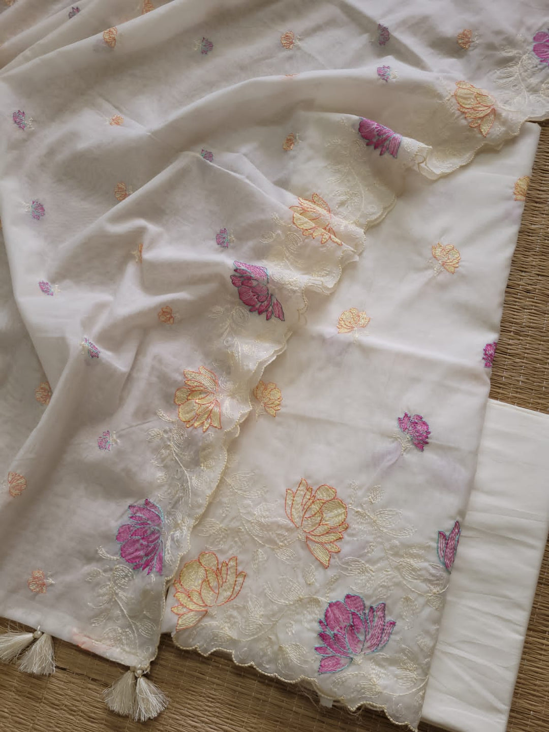 Pure Banarasi Mul Cotton Unstitched Suit With Embroidery Work
