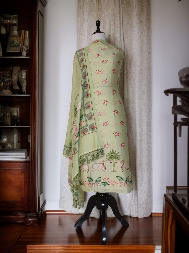 Pure Banarasi Chanderi Silk Pichwai Work Unstitched Suit