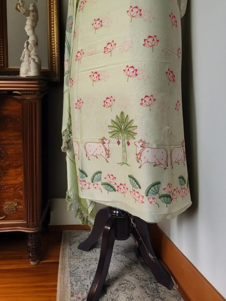 Pure Banarasi Chanderi Silk Pichwai Work Unstitched Suit