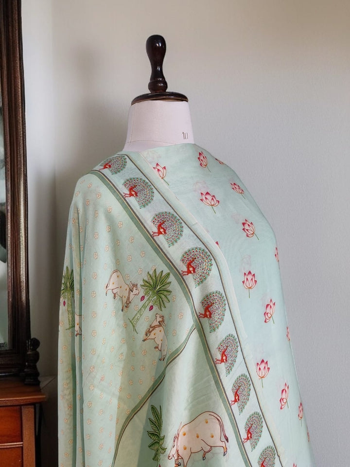 Pure Banarasi Chanderi Silk Pichwai Work Unstitched Suit