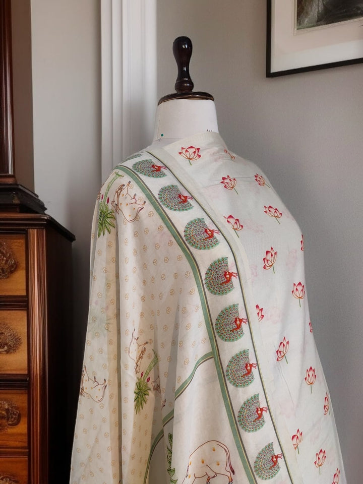 Pure Banarasi Chanderi Silk Pichwai Work Unstitched Suit