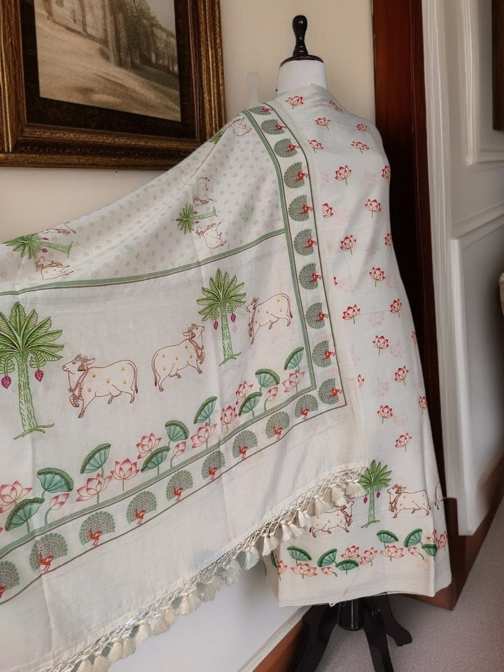 Pure Banarasi Chanderi Silk Pichwai Work Unstitched Suit