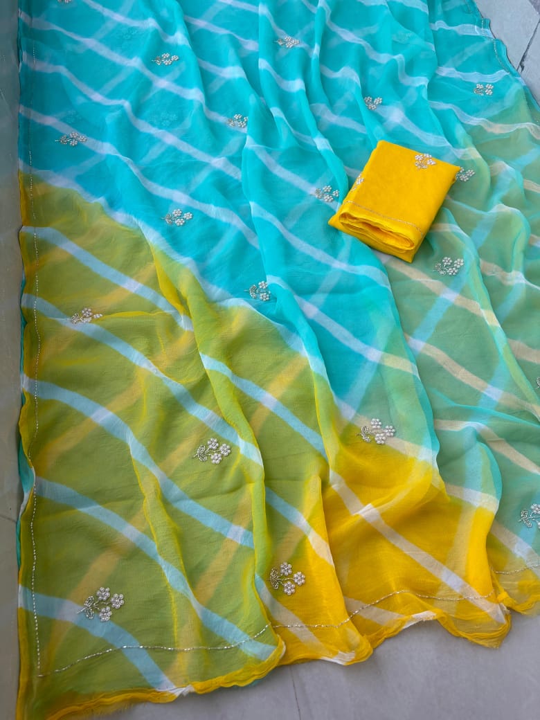 Pure Diamond Chiffon Multi Bandhej Lehariya Saree with Hand Work