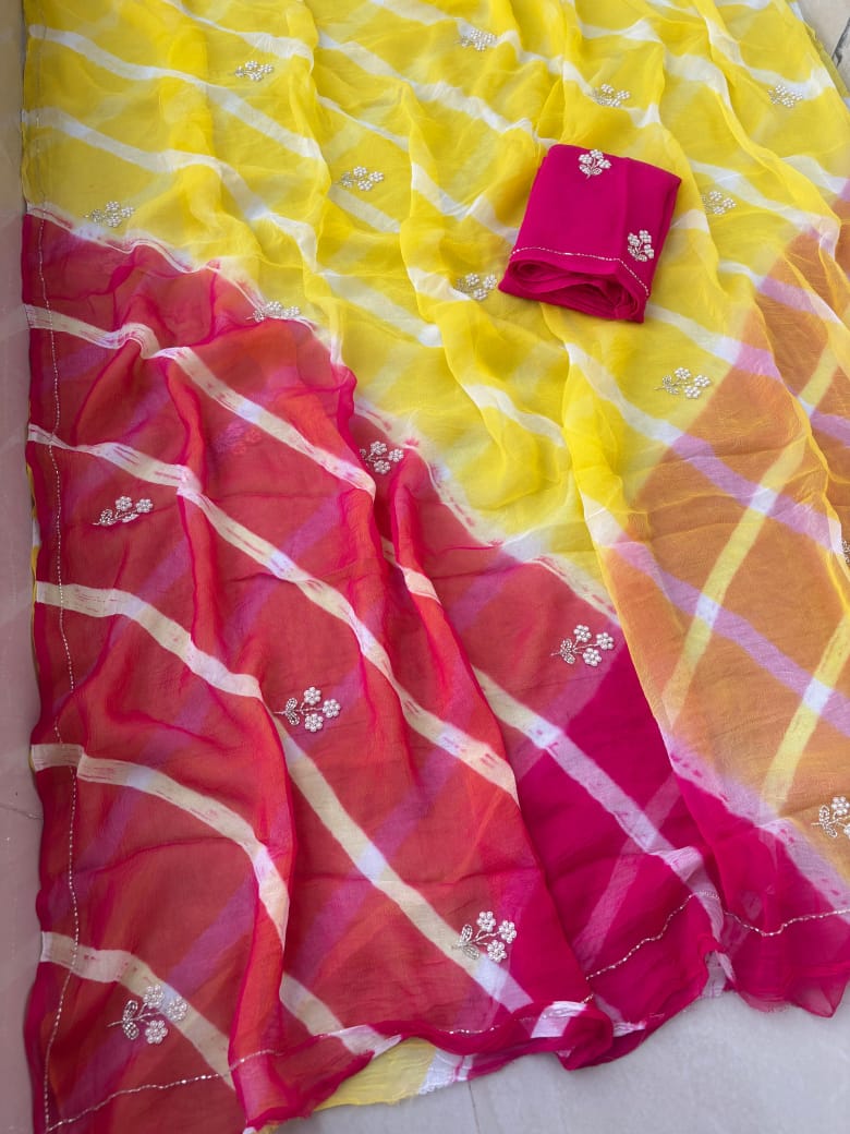Pure Diamond Chiffon Multi Bandhej Lehariya Saree with Hand Work