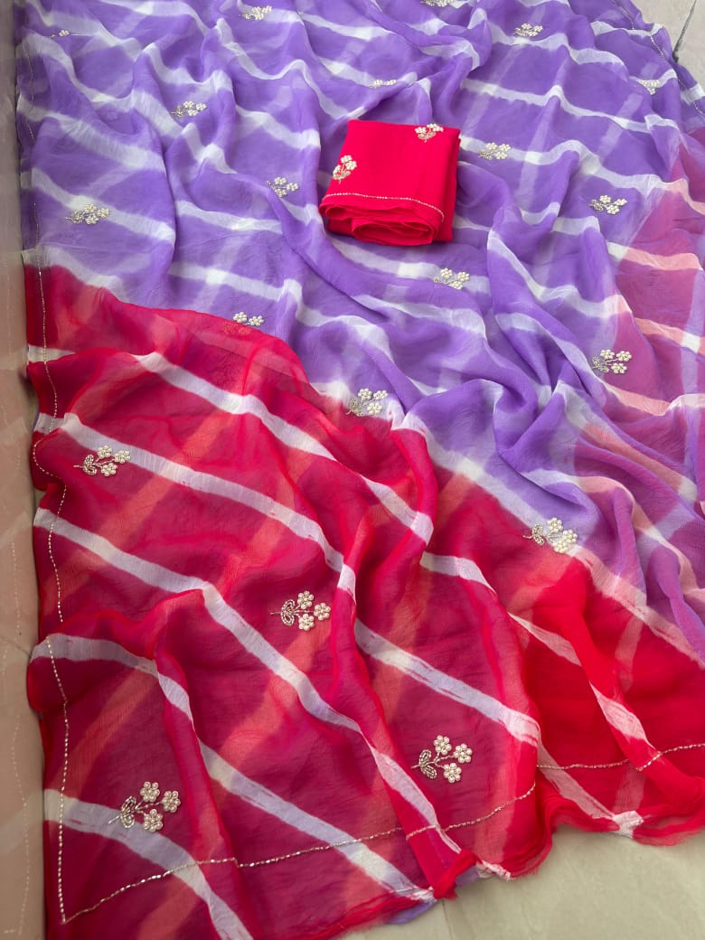 Pure Diamond Chiffon Multi Bandhej Lehariya Saree with Hand Work