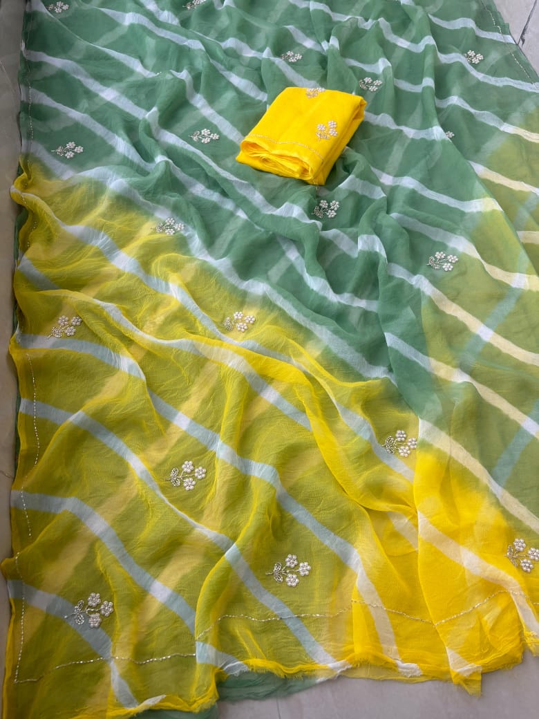 Pure Diamond Chiffon Multi Bandhej Lehariya Saree with Hand Work