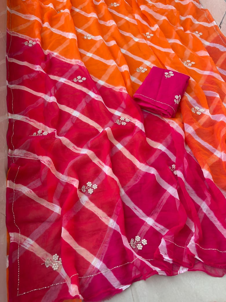 Pure Diamond Chiffon Multi Bandhej Lehariya Saree with Hand Work