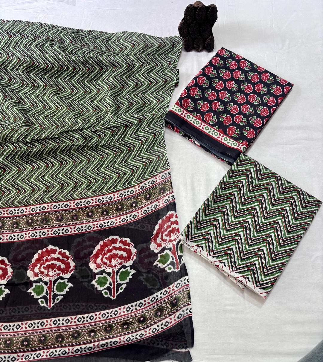 Pure Cotton Hand Block Printed Unstitched Suit Set With Cotton dupatta.