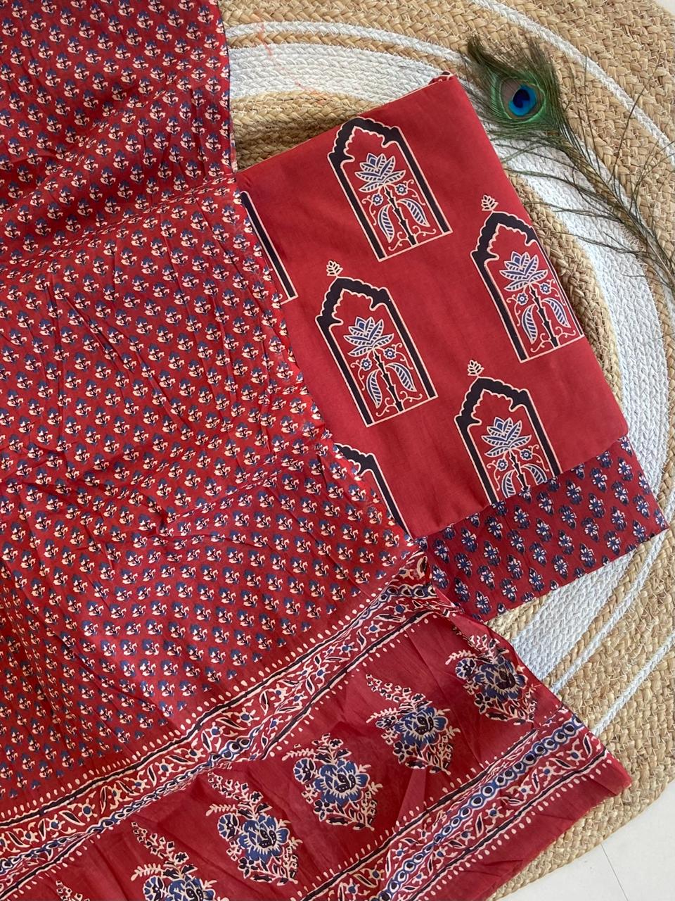 Pure Cotton Azrakh Print Unstitched suit Whit Kantha Work Dupatta |LIMITED STOCK|