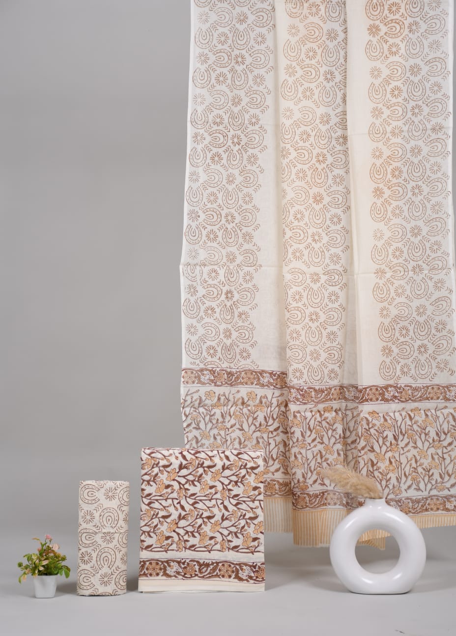 Pure Cotton Hand Block Printed Unstitched Suit Set With Cotton dupatta.