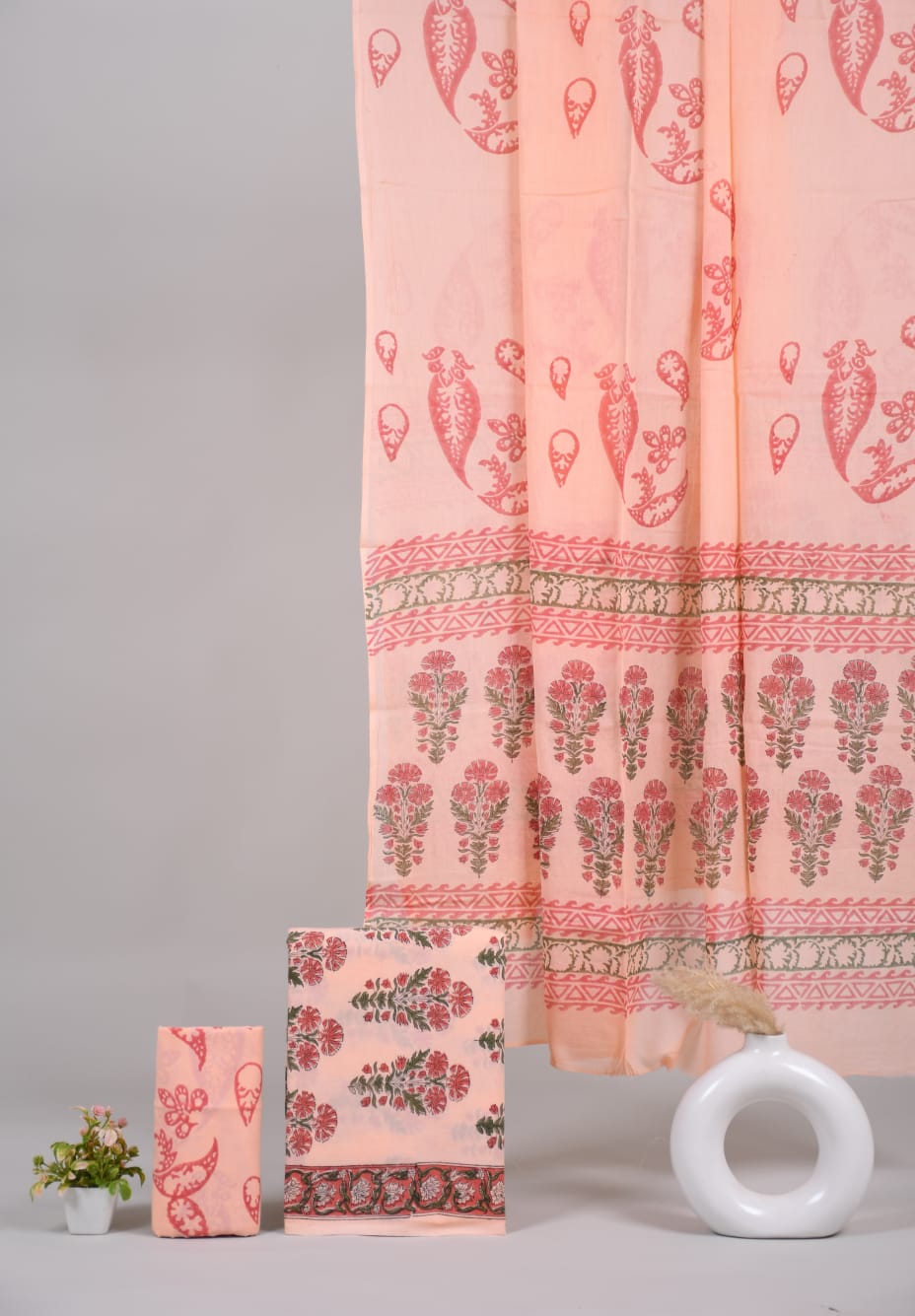Pure Cotton Hand Block Printed Unstitched Suit Set With Cotton dupatta.