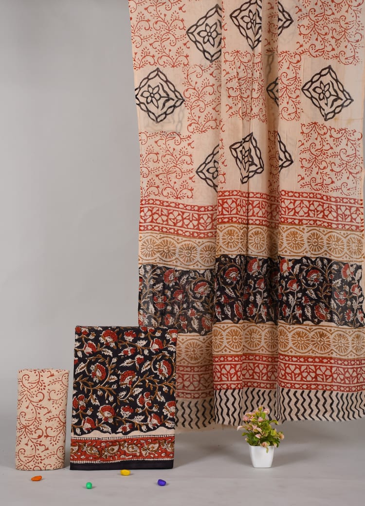 Pure Cotton Hand Block Printed Unstitched Suit Set With Cotton dupatta.