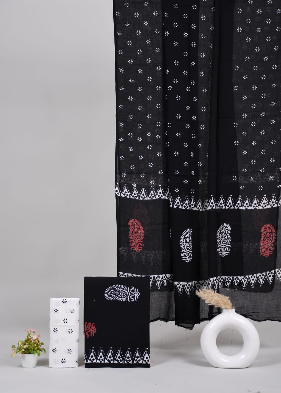 Pure Cotton Hand Block Printed Unstitched Suit Set With Cotton dupatta.