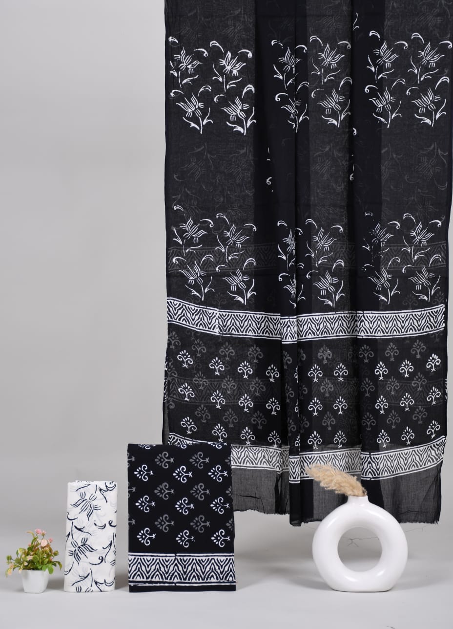 Pure Cotton Hand Block Printed Unstitched Suit Set With Cotton dupatta.
