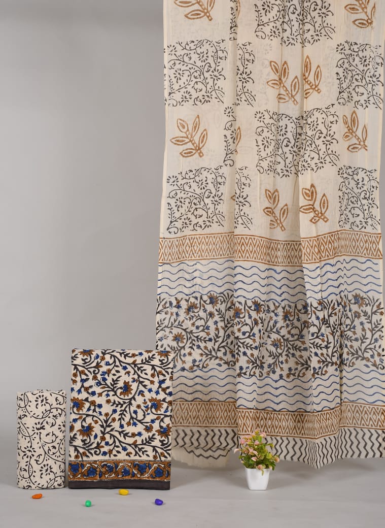 Pure Cotton Hand Block Printed Unstitched Suit Set With Cotton dupatta.