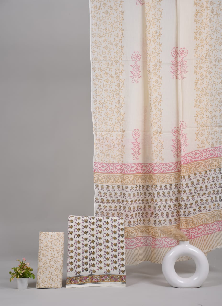 Pure Cotton Hand Block Printed Unstitched Suit Set With Cotton dupatta.