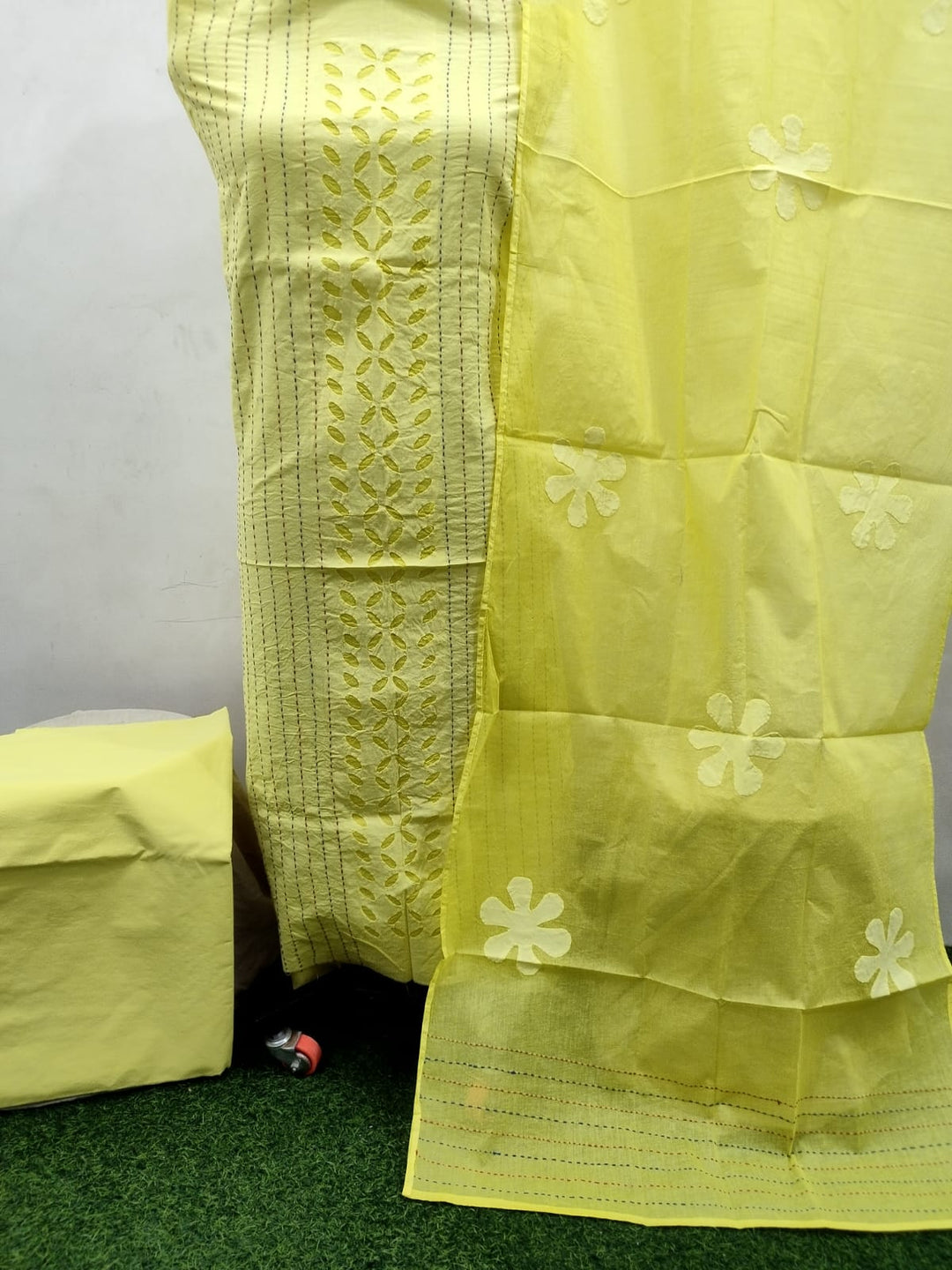 Pure Cotton Applique Work Unstitched Suit With Hand Kantha Work
