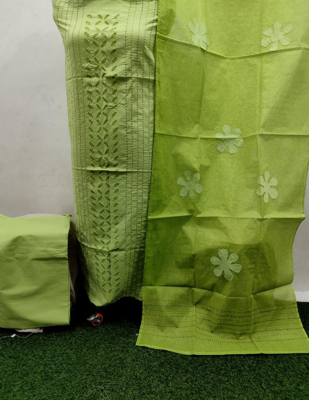 Pure Cotton Applique Work Unstitched Suit With Hand Kantha Work