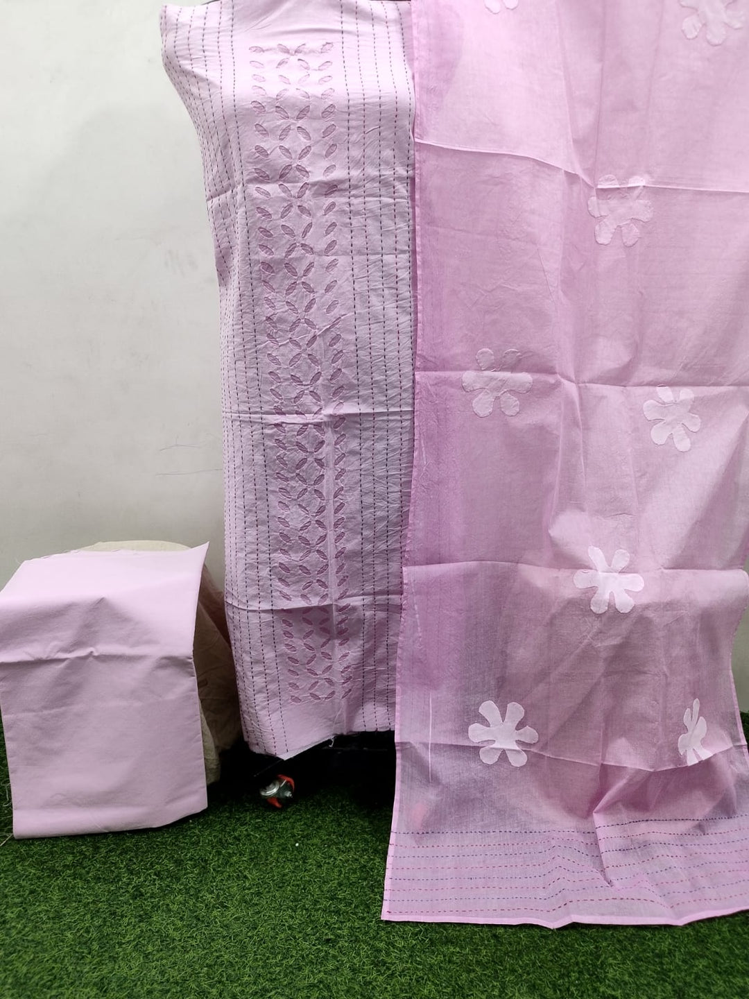 Pure Cotton Applique Work Unstitched Suit With Hand Kantha Work