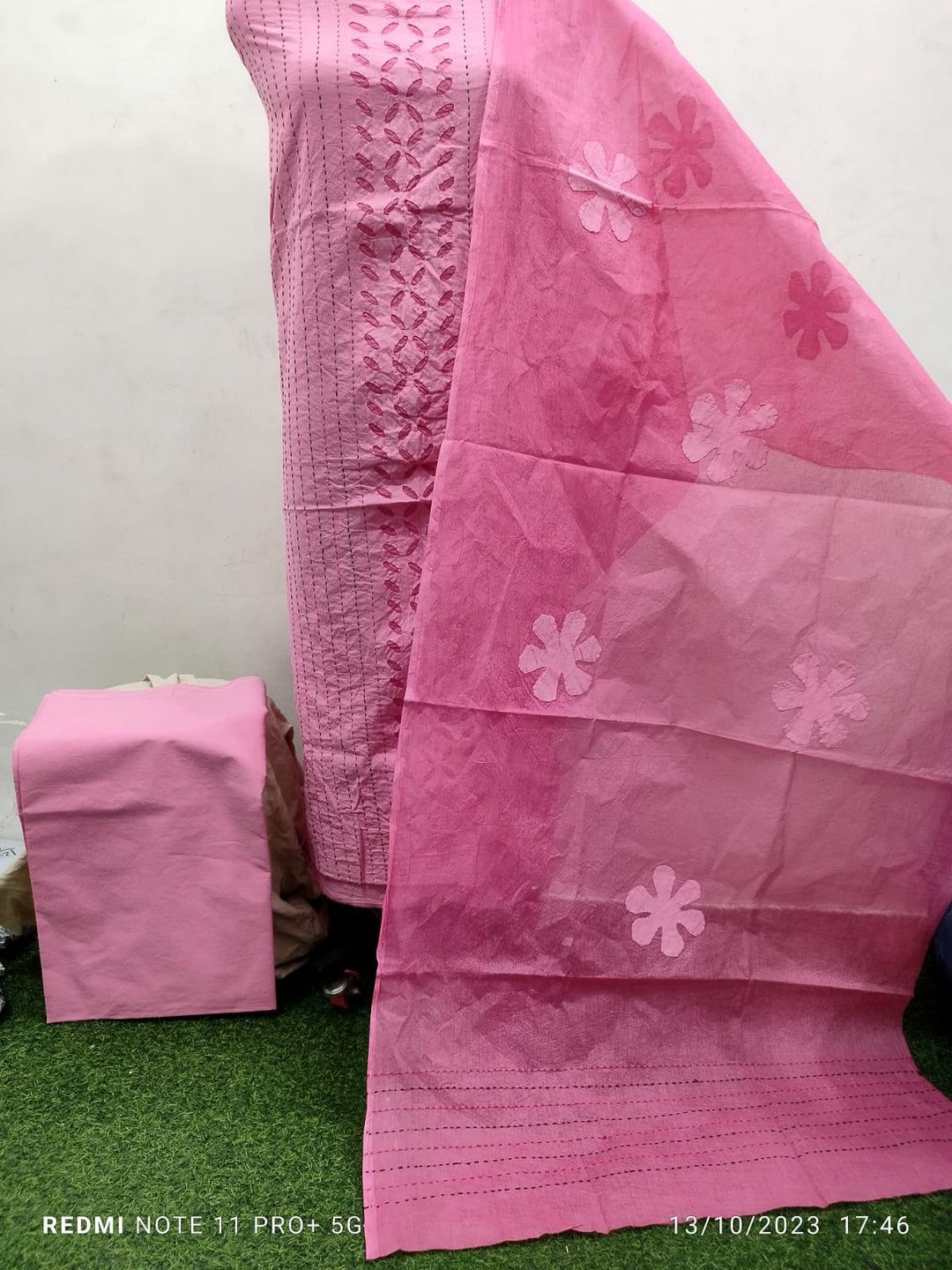 Pure Cotton Applique Work Unstitched Suit With Hand Kantha Work