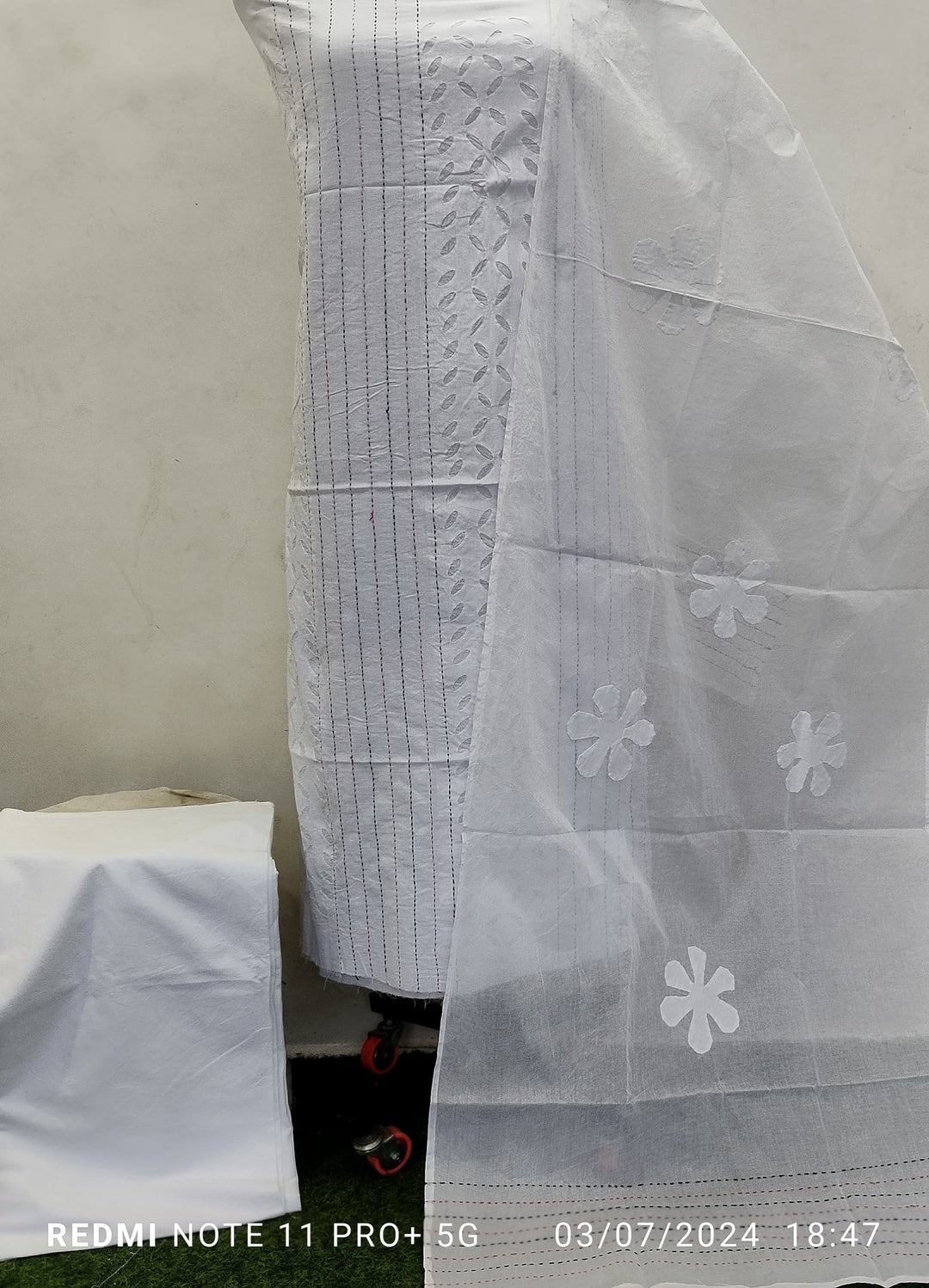 Pure Cotton Applique Work Unstitched Suit With Hand Kantha Work