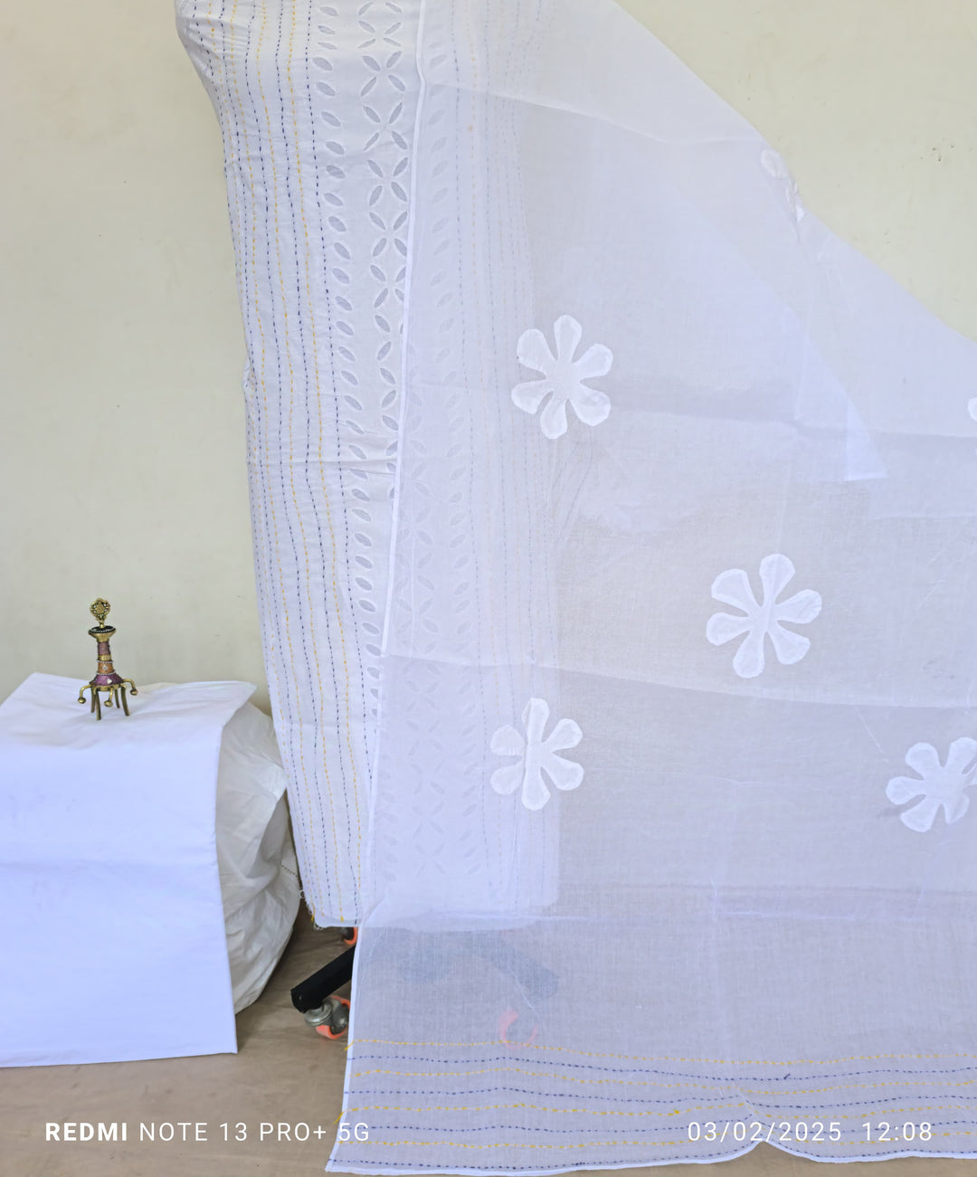 Pure Cotton Applique Work Unstitched Suit With Hand Kantha Work