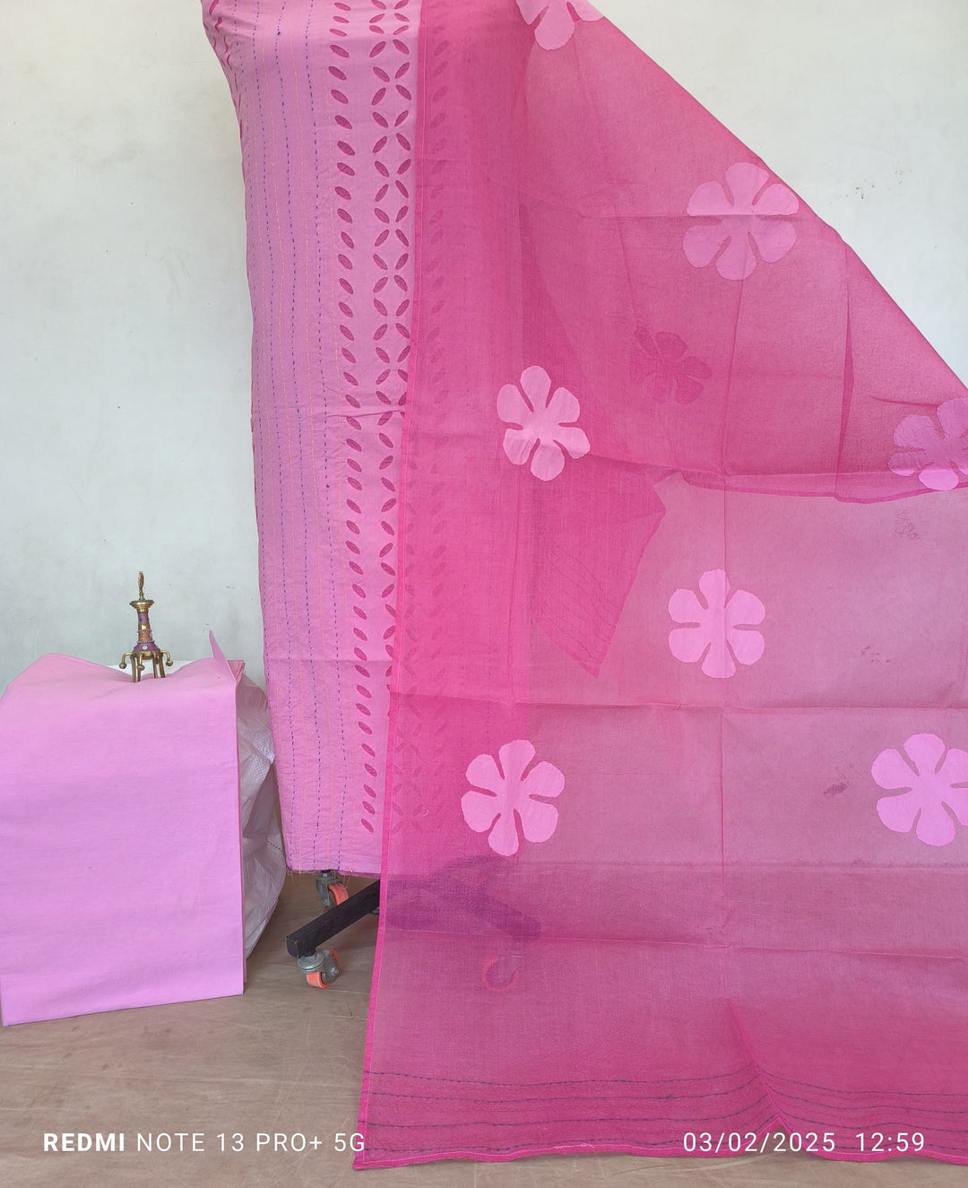 Pure Cotton Applique Work Unstitched Suit With Hand Kantha Work