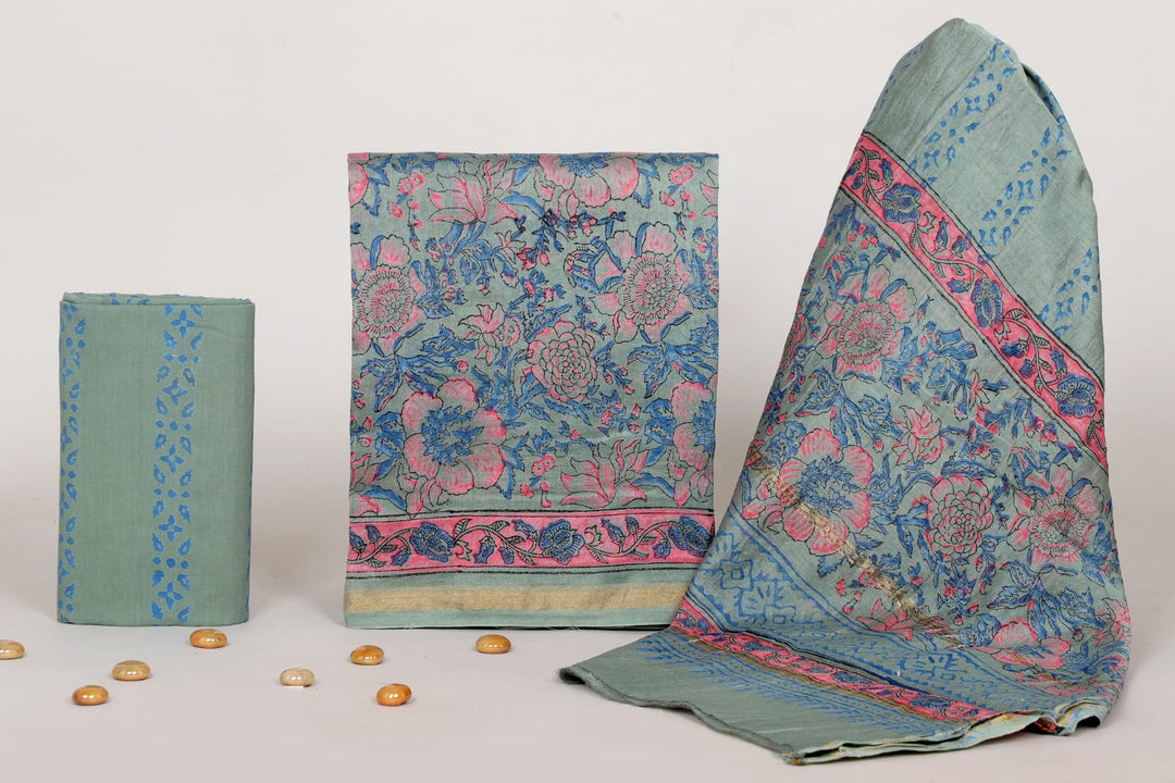 Pure Hand Block Chanderi Silk Unstitched Suit.