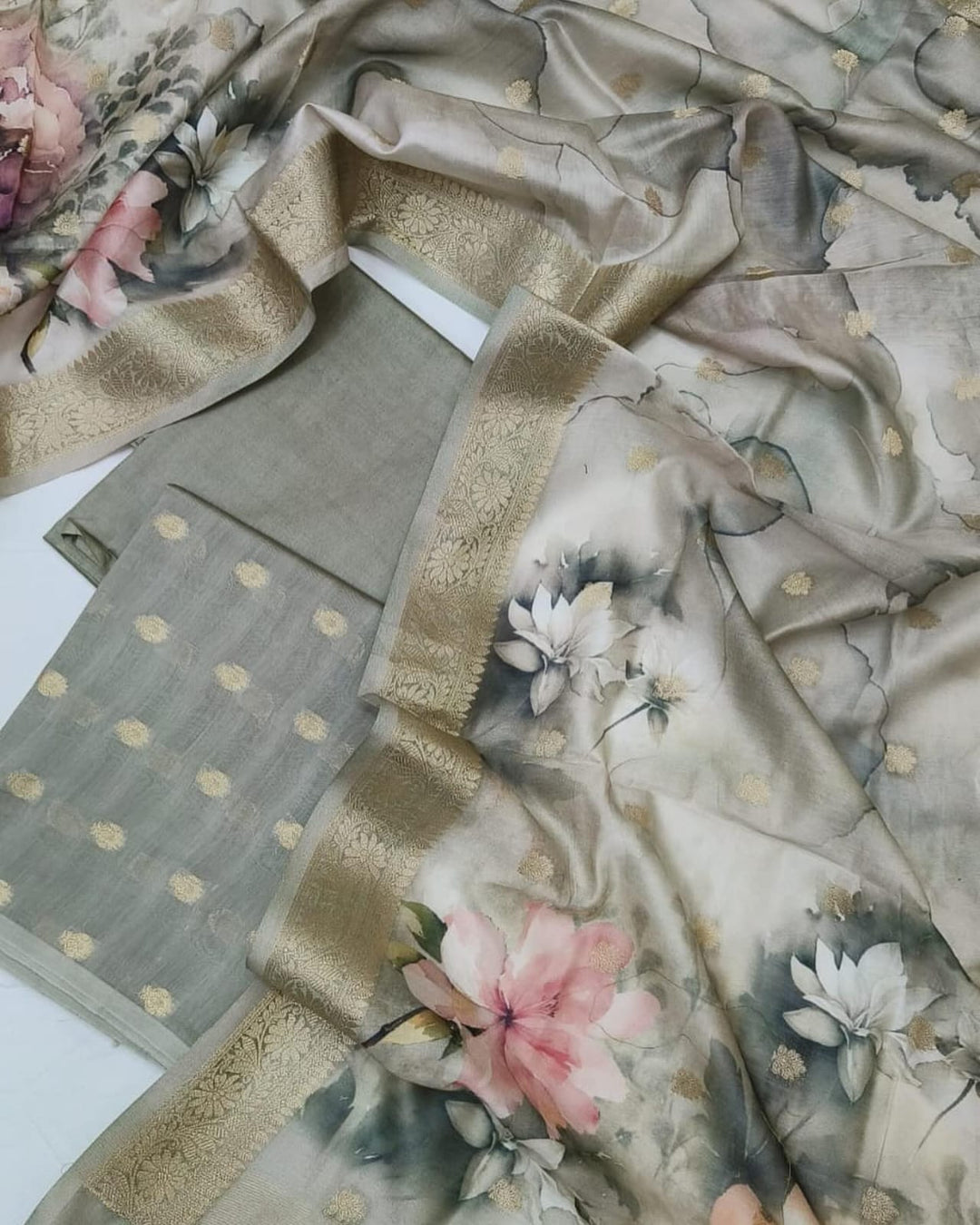 Pure Banarasi Chanderi Silk Unstitched Suit with Digital printed Dupatta