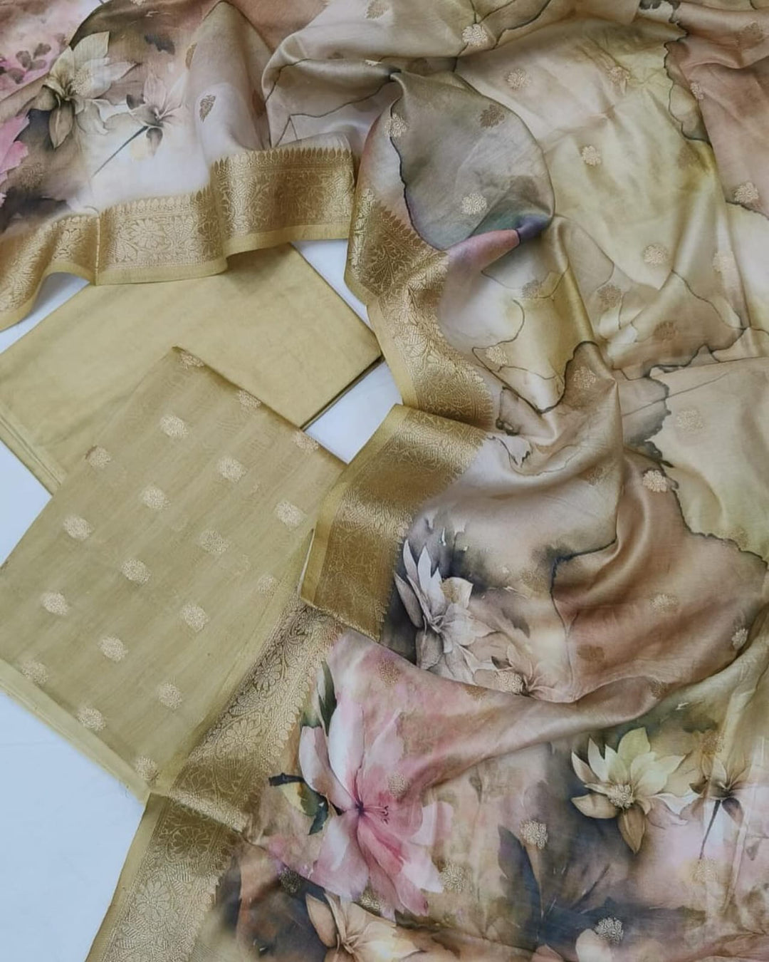 Pure Banarasi Chanderi Silk Unstitched Suit with Digital printed Dupatta
