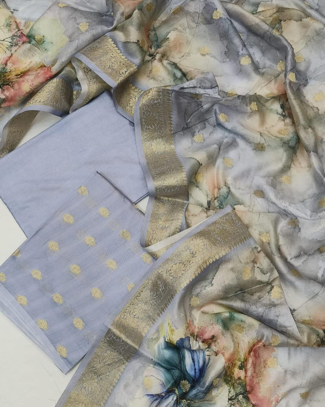 Pure Banarasi Chanderi Silk Unstitched Suit with Digital printed Dupatta