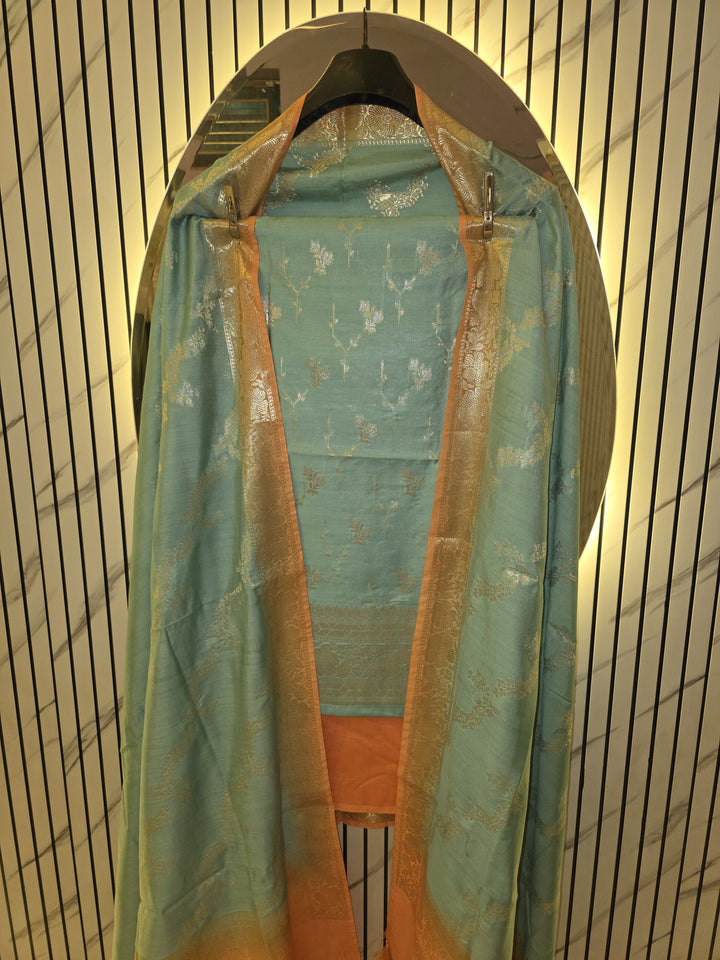 Pure Banarasi Chiniya Silk Unstitched Suit with Alfi weaving and Sona Rupa Work