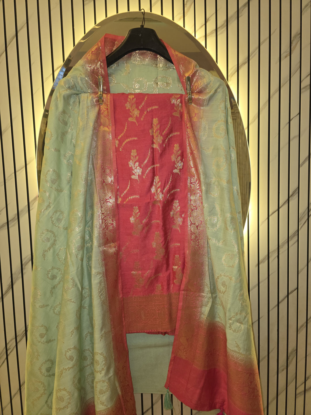Pure Banarasi Chiniya Silk Unstitched Suit with Alfi weaving and Sona Rupa Work