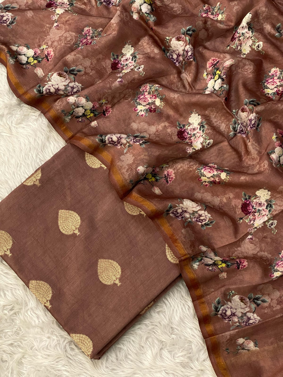 Exclusive Banarasi Mercerised Silk Unstitched Suit with Digital printed Chanderi Silk Dupatta